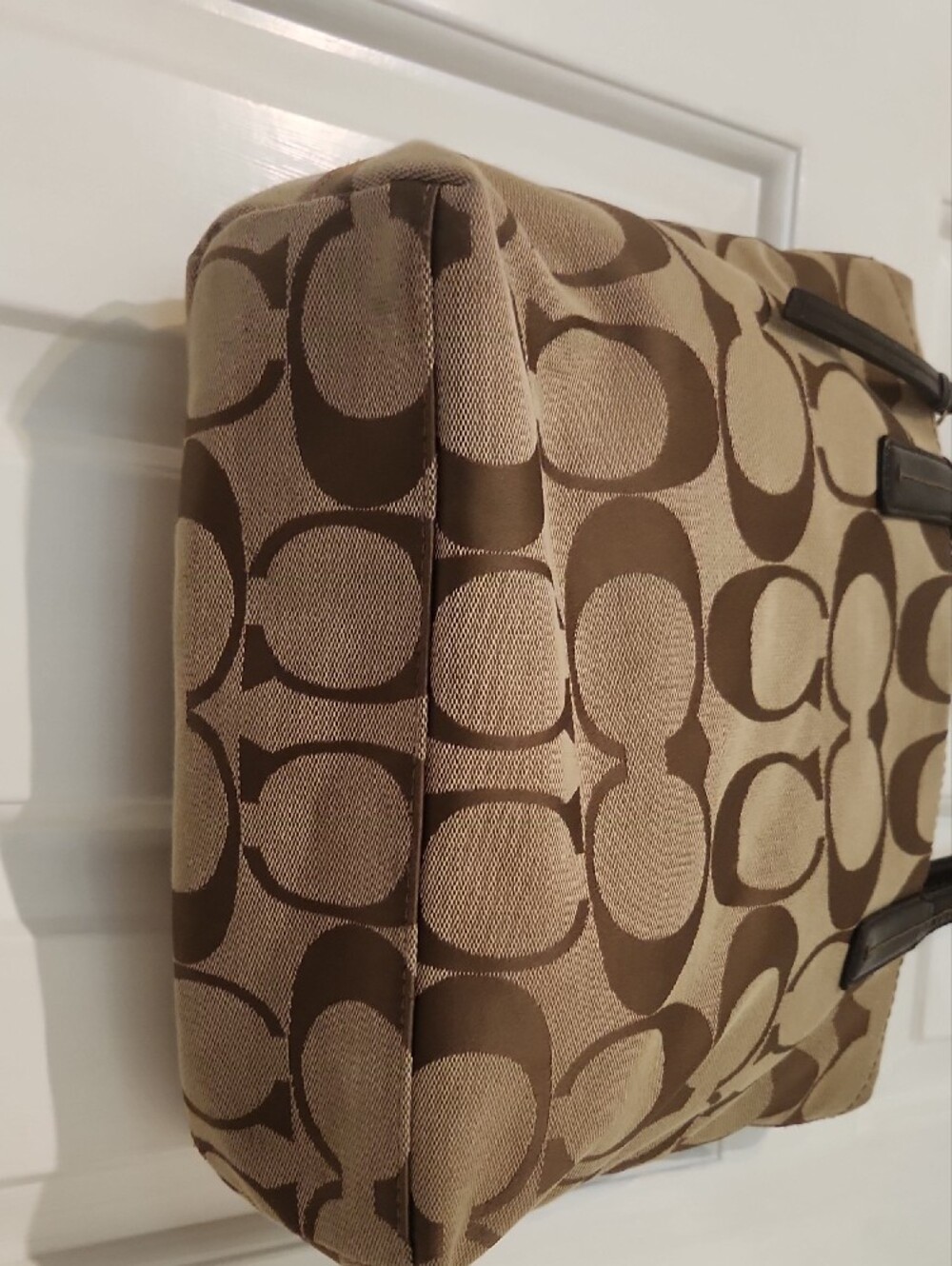 COACH Brown Signature Shoulder Tote with Dark Brown Trim - Picture 6 of 14